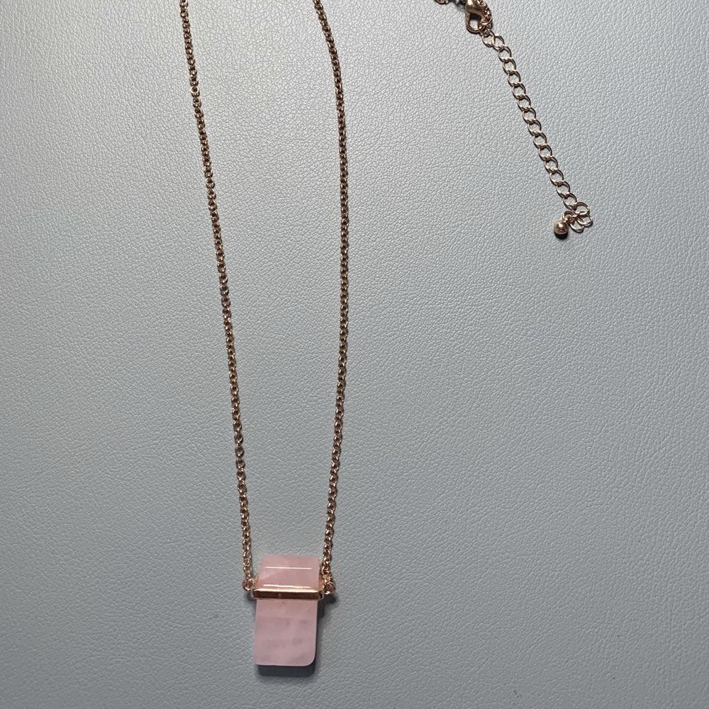 Gold tone and rose quartz long necklace